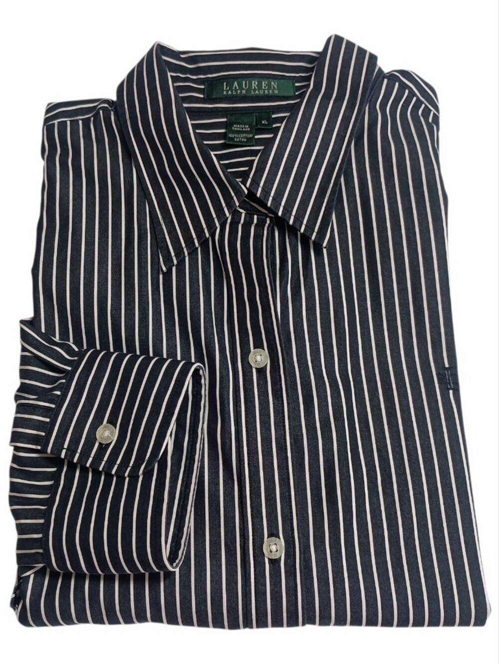 Lauren Ralph Lauren Womens Black Button Shirt XL Vertical White Striped Cotton